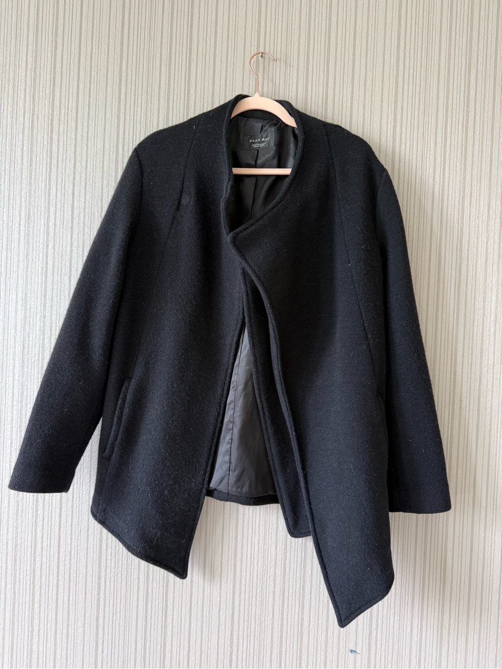 Zara Black Wool-Blend Collarless Pea Coat